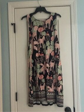 Sleeveless Tropical Print Maxi Dress - Navy with Pink/Orange & Green